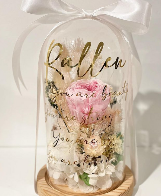 Personalized Name and Positive Affirmations - Dried Flower Dome with Preserved Rose