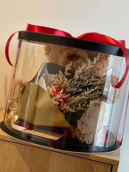 Round Box Gift Pack - Teddy Bear or Bunny With Preserved Rose Bouquet