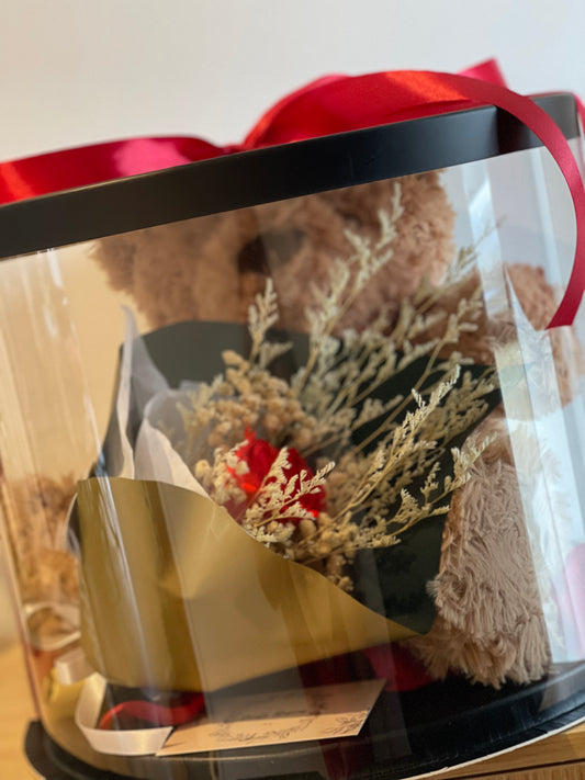 Round Box Gift Pack - Teddy Bear or Bunny With Preserved Rose Bouquet