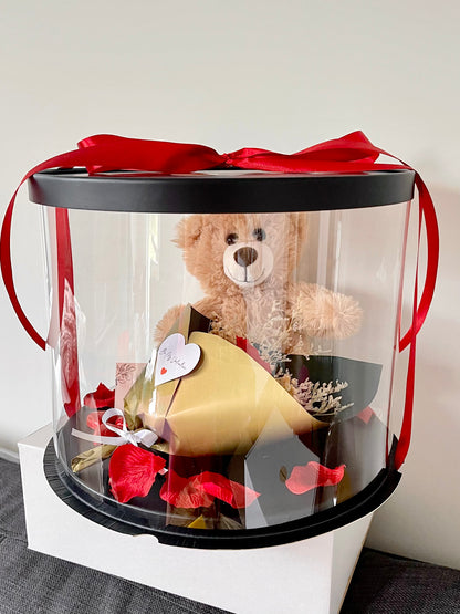 Round Box Gift Pack - Teddy Bear or Bunny With Preserved Rose Bouquet