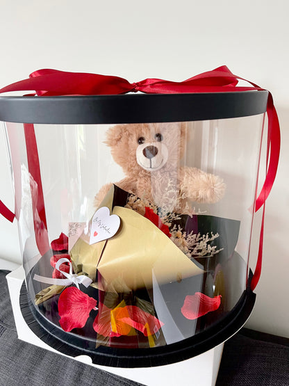 Round Box Gift Pack - Teddy Bear or Bunny With Preserved Rose Bouquet